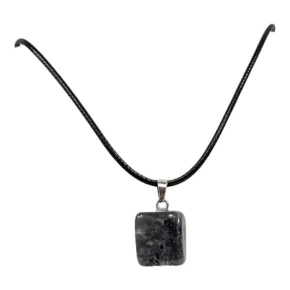 Snowflake Obsidian Natural Stone Cube Necklace with 18in Black Chain SN32 - Picture 1 of 4